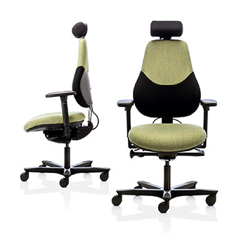 side and front profile of orangebox flo office chair in green fabric