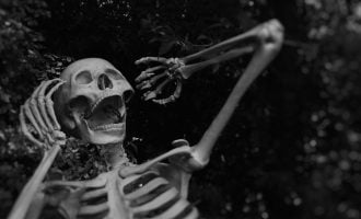 Skeleton screaming at the workstation horror
